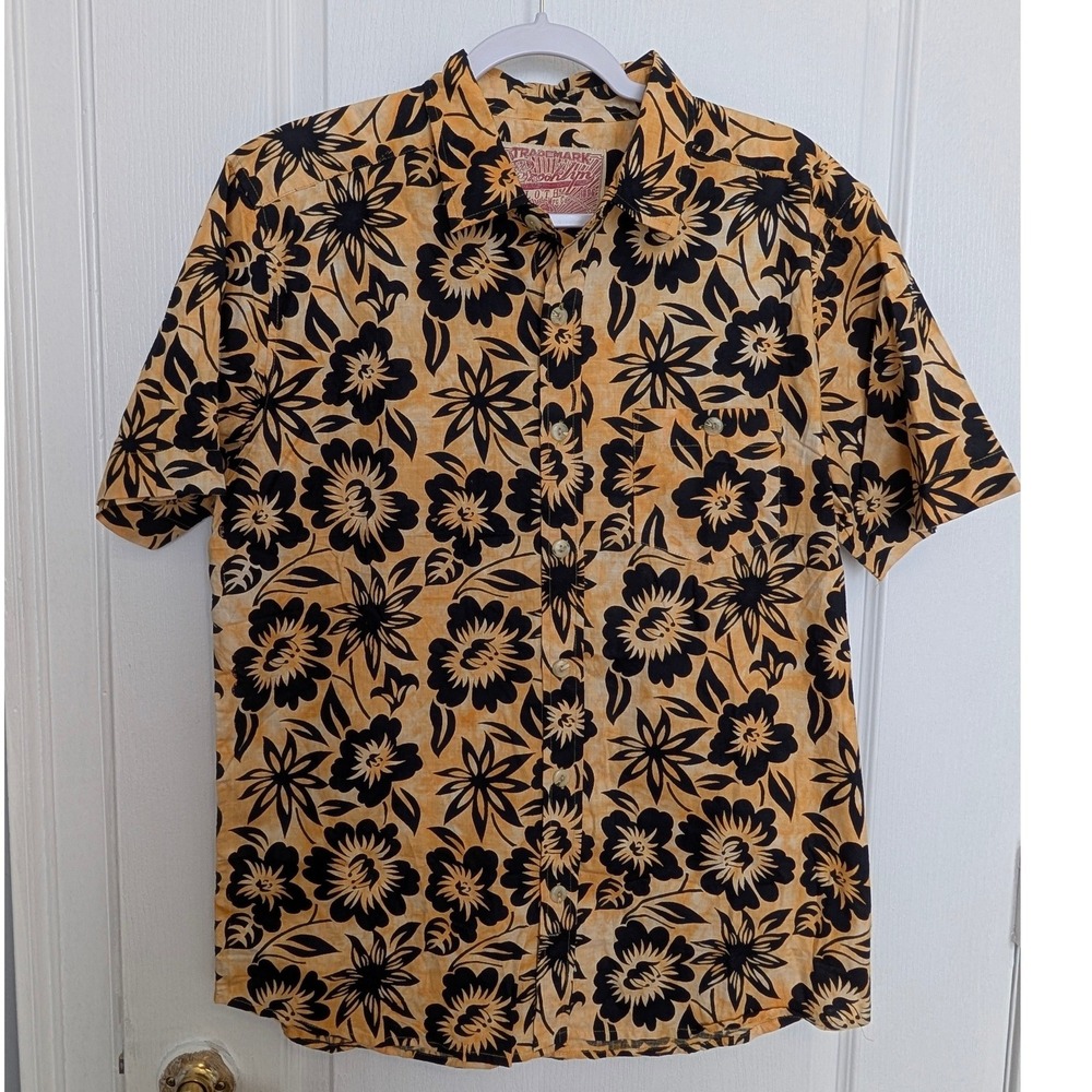 Brooklyn Cloth Mens Yellow Black Floral Hibiscus Short Sleeve Button Up Shirt L